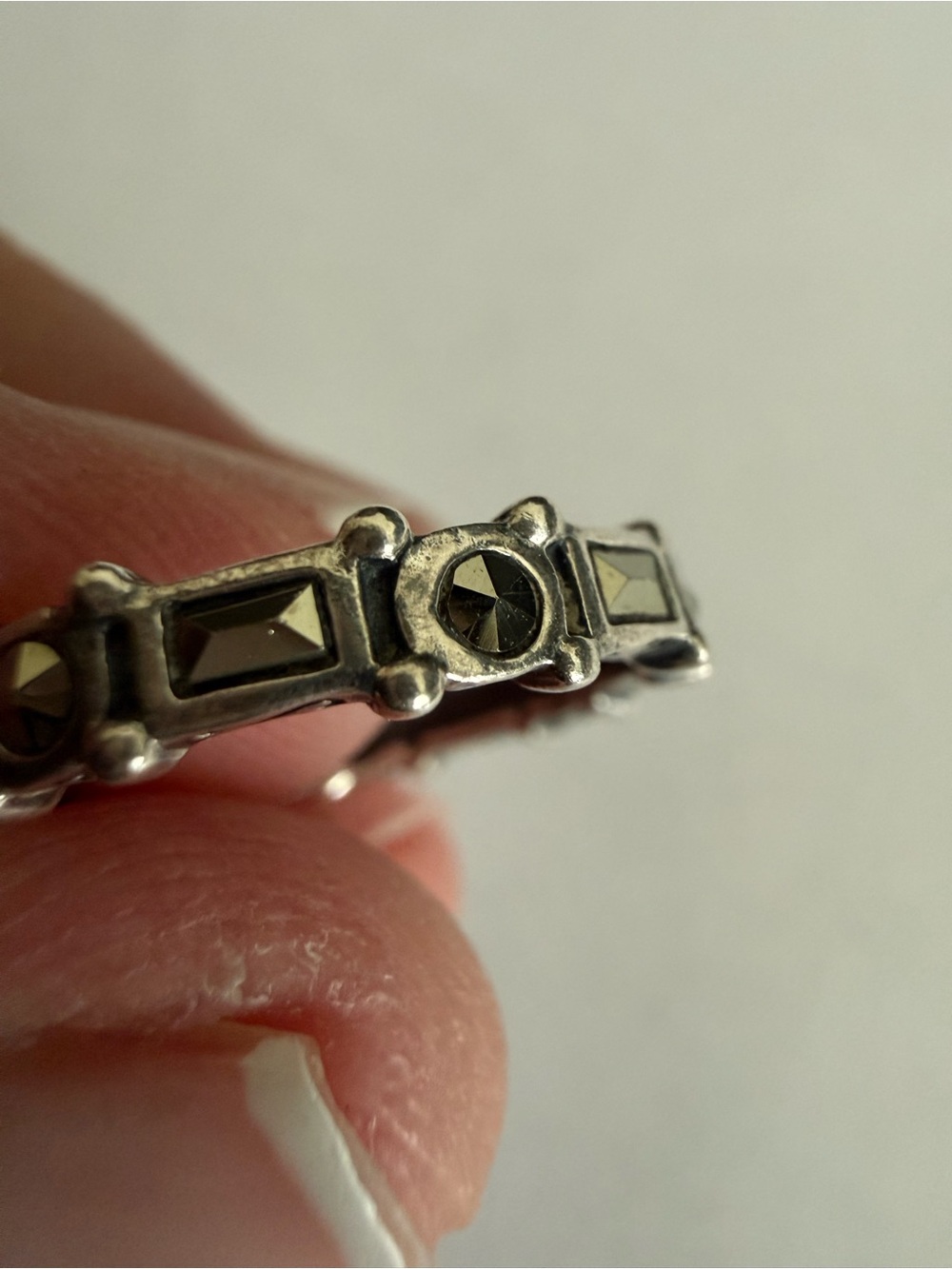 Silver-Tone Hematite Accent Band Ring - Black Stones